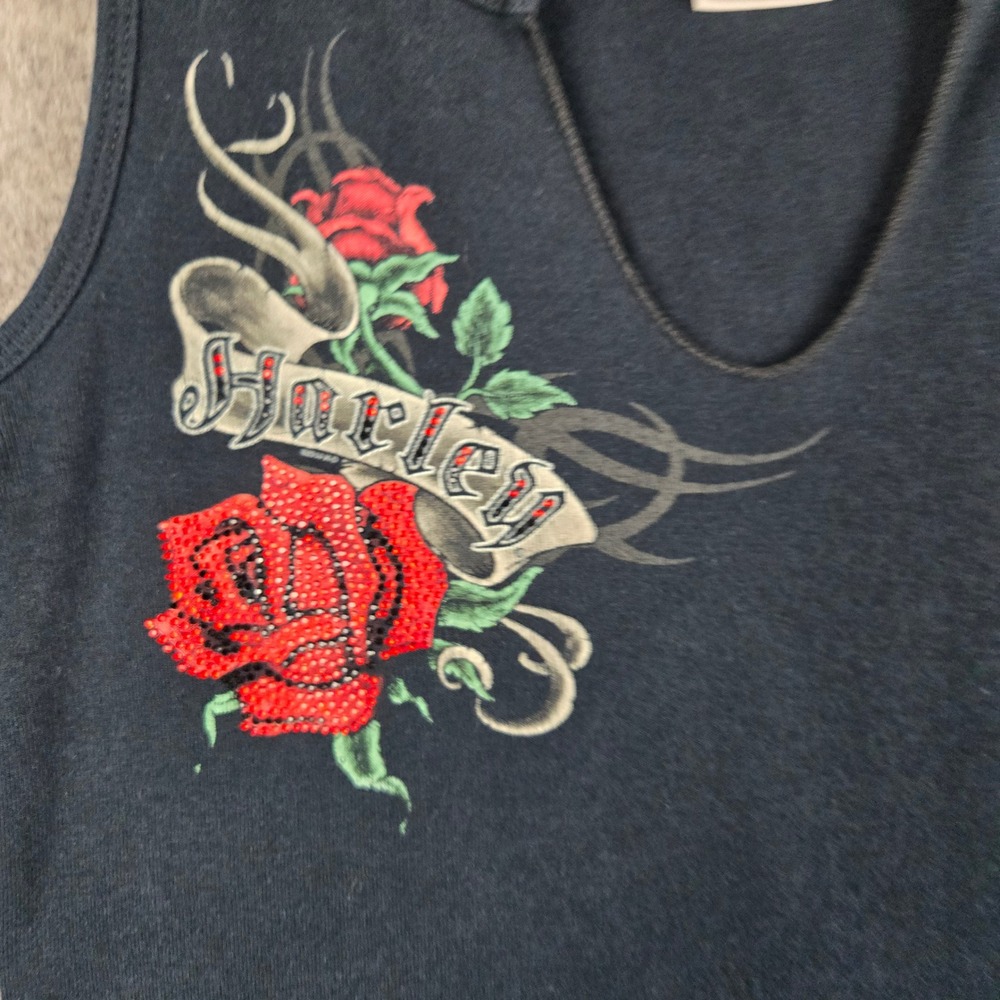 Harley Davidson Tank Top Womens Small Black Rose Rhinestone Graphic Biker Y2K - Picture 2 of 9